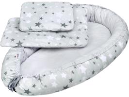 New Baby Luxus babafészek takaróval és párnával - fehér-szürke csillagok